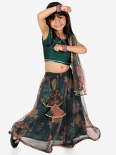 Ethnic Chanderi Choli and Floral print Net Lehenga with Attached Dupatta for Baby Girls- Green